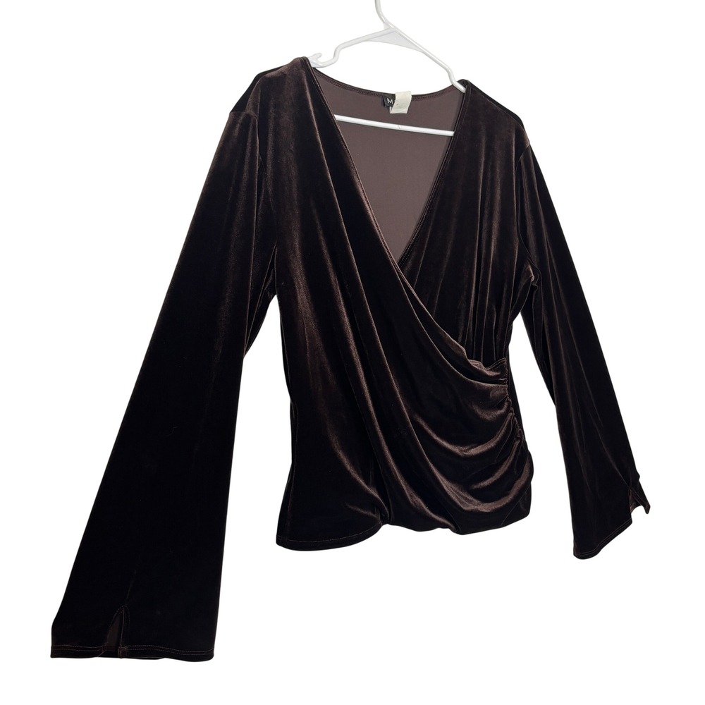 Brown Velvet Wrap Top Women Large Bell Sleeve V-Neck Whimsigoth Y2K 90s